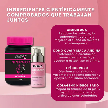 Maxi Plus Serena Gomitas Naturales para la Menopausia + Suero Rejuvenecedor de Ácido Hialurónico