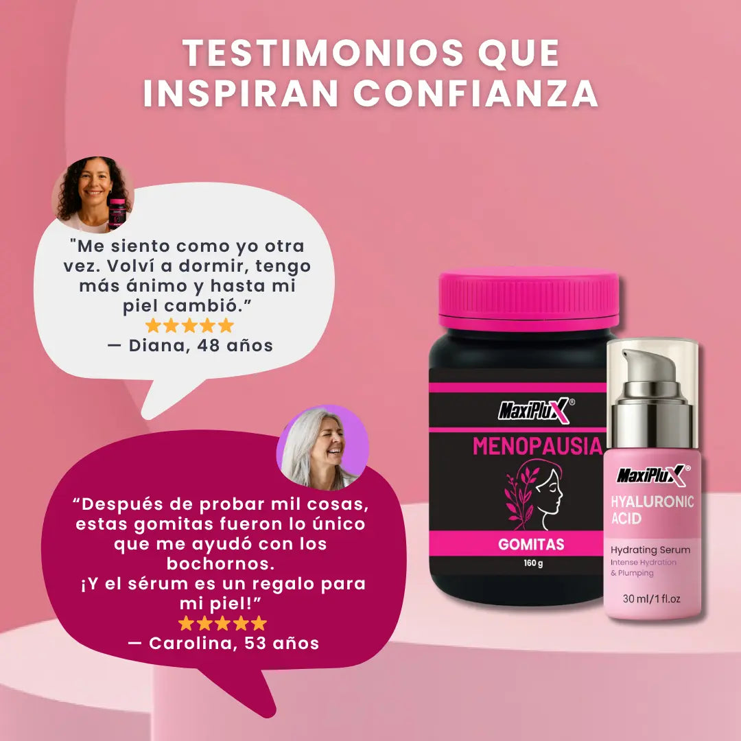Maxi Plus Serena Gomitas Naturales para la Menopausia + Suero Rejuvenecedor de Ácido Hialurónico